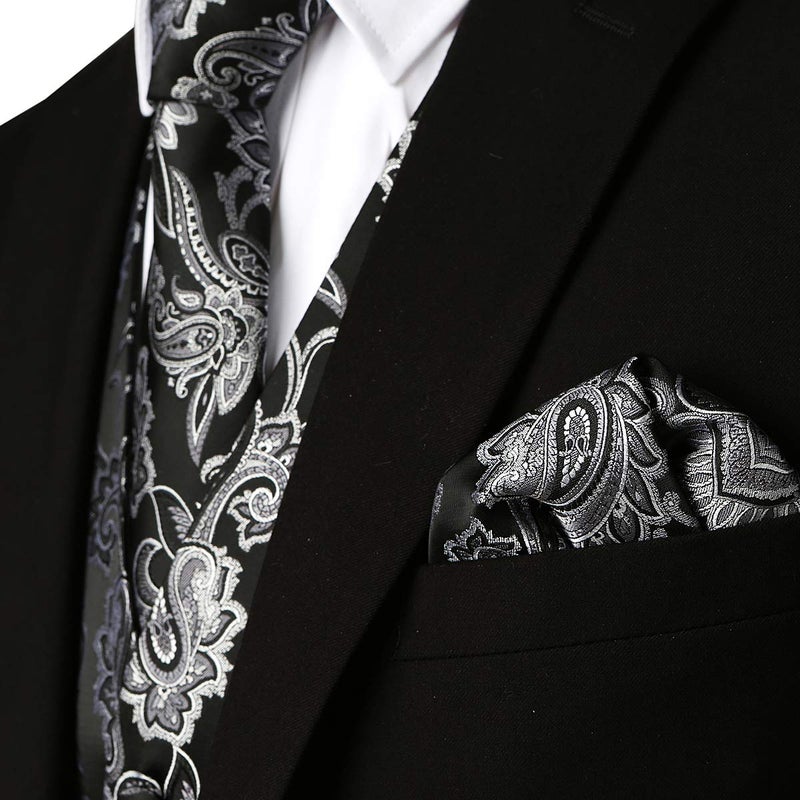 ZEROYAA Mens Classic 3pc Jacquard Paisley Vest Set Necktie Pocket Square Waistcoat for Suit or Tuxedo ZLSV08 Black Silver Small - Image 3